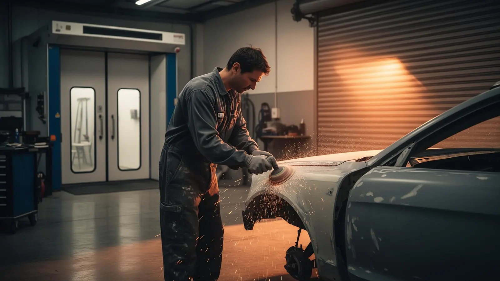 Panel beater technician restoring a car panel in a New Zealand collision repair workshop