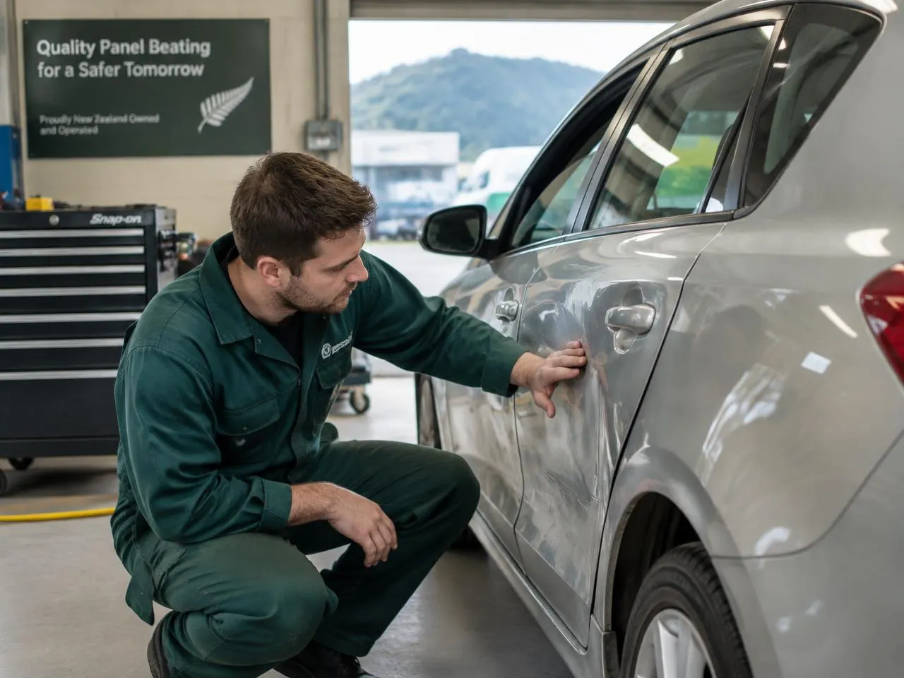 Panel beater inspecting a dented car door